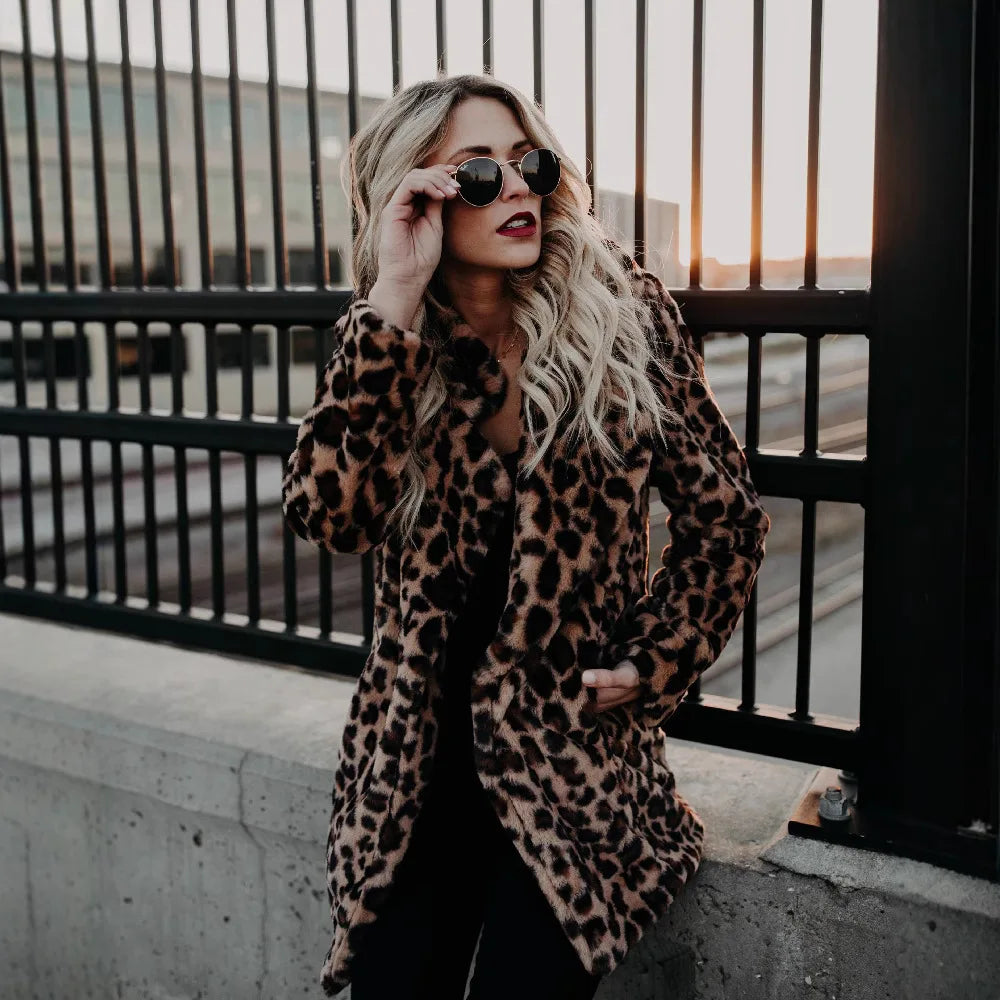 Fashion Women Faux Fur Leopard Print Coat Female Sexy All-Match Mid-Length Suit Collar Warm Outerwear