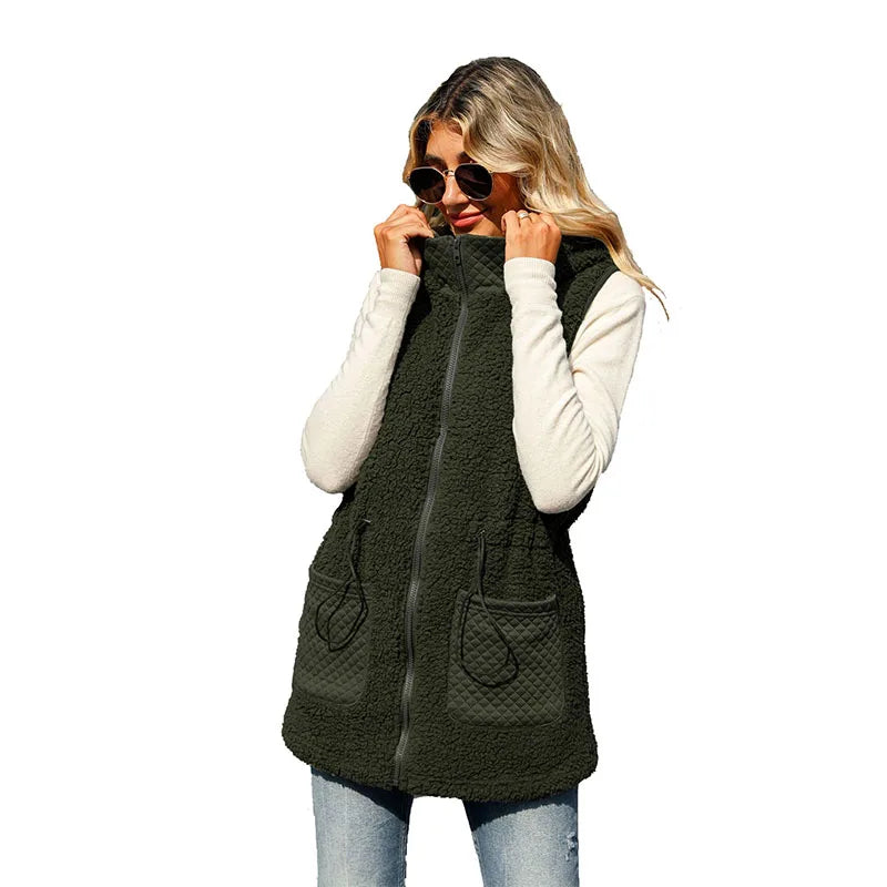 Women's Velvet Bubble Vest Autumn European American Style Hooded Sleeveless Zipper Mid-Length Solid Color Adjustable Waist