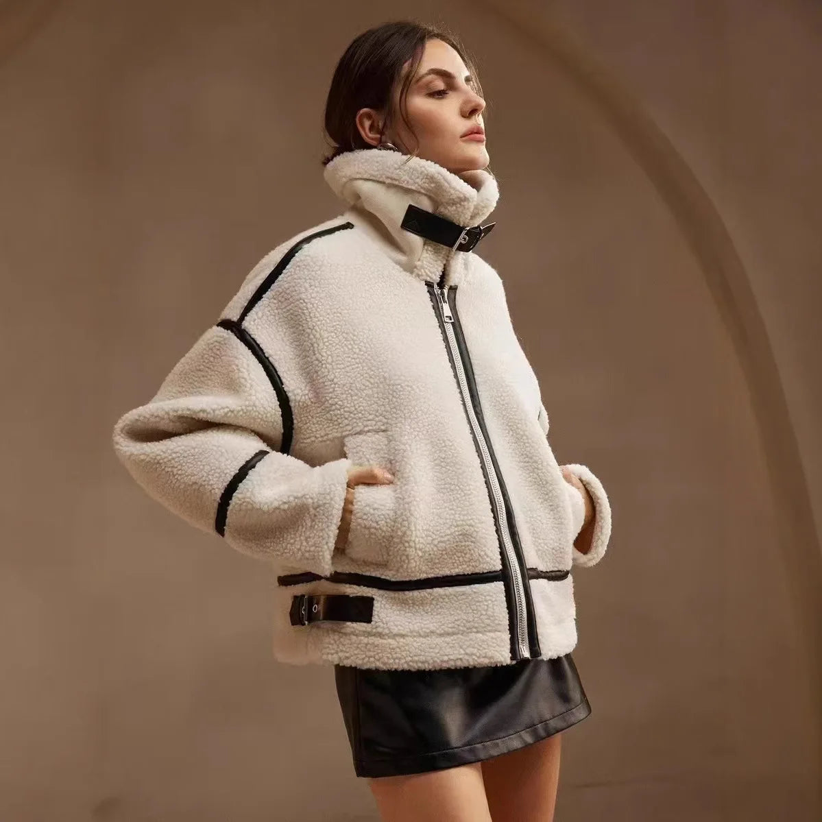 Women's Lamb Wool Coat Fur Lined Biker Jacket Medium Thickness Polyester Fabric Pure Color Long Sleeve