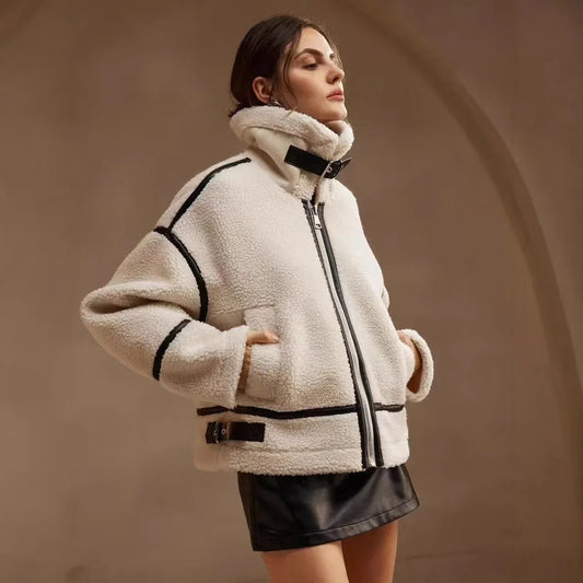 Women's Lamb Wool Coat Fur Lined Biker Jacket Medium Thickness Polyester Fabric Pure Color Long Sleeve