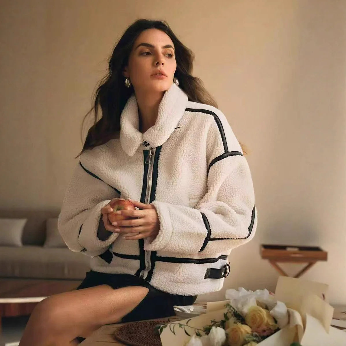 Women's Lamb Wool Coat Fur Lined Biker Jacket Medium Thickness Polyester Fabric Pure Color Long Sleeve