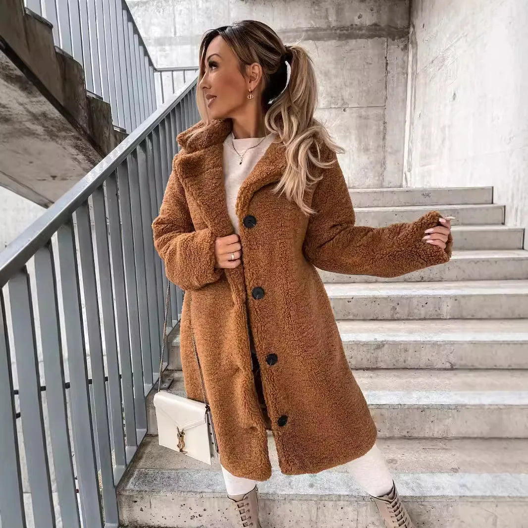 Winter Long Loose Casual Soft Thick Warm Fluffy Black Faux Fur Coat Women Lapel Collar Hairy Furry Fuzzy Overcoat  ﻿