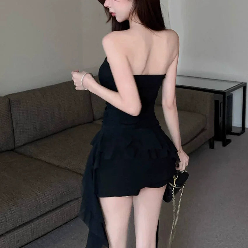 Chic Spring Summer Irregular Ruffled Vest Mesh Sweet Women's Vest Top Elegant Cropped Tube Top Party