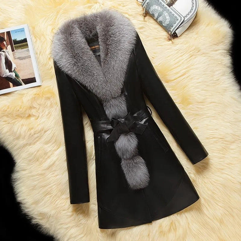 Winter Faux Fur Collar Leather Long Loose Coats Coat Female Jacket Parka Women Femme Rabbit Mink Sheepskin Fashion