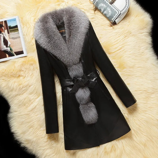 Winter Faux Fur Collar Leather Long Loose Coats Coat Female Jacket Parka Women Femme Rabbit Mink Sheepskin Fashion