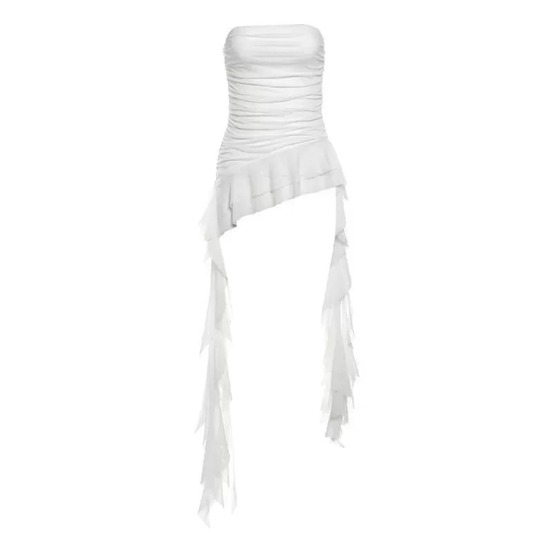 Chic Spring Summer Irregular Ruffled Vest Mesh Sweet Women's Vest Top Elegant Cropped Tube Top Party