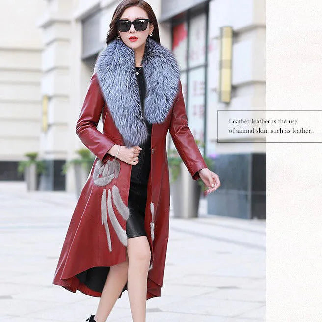New Women's PU Leather Jacket For Spring Autumn Slim Big Fur Collar Long Leather Coat Female Loose Leather Outerwear