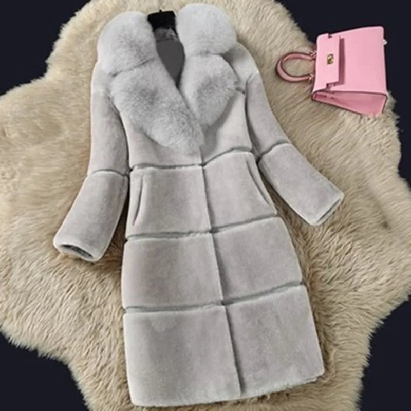 Winter Korean Version Women's New Faux Sheep Shearing Fur Coat Medium Length Faux Fur Collar Coat Office Lady Parkas