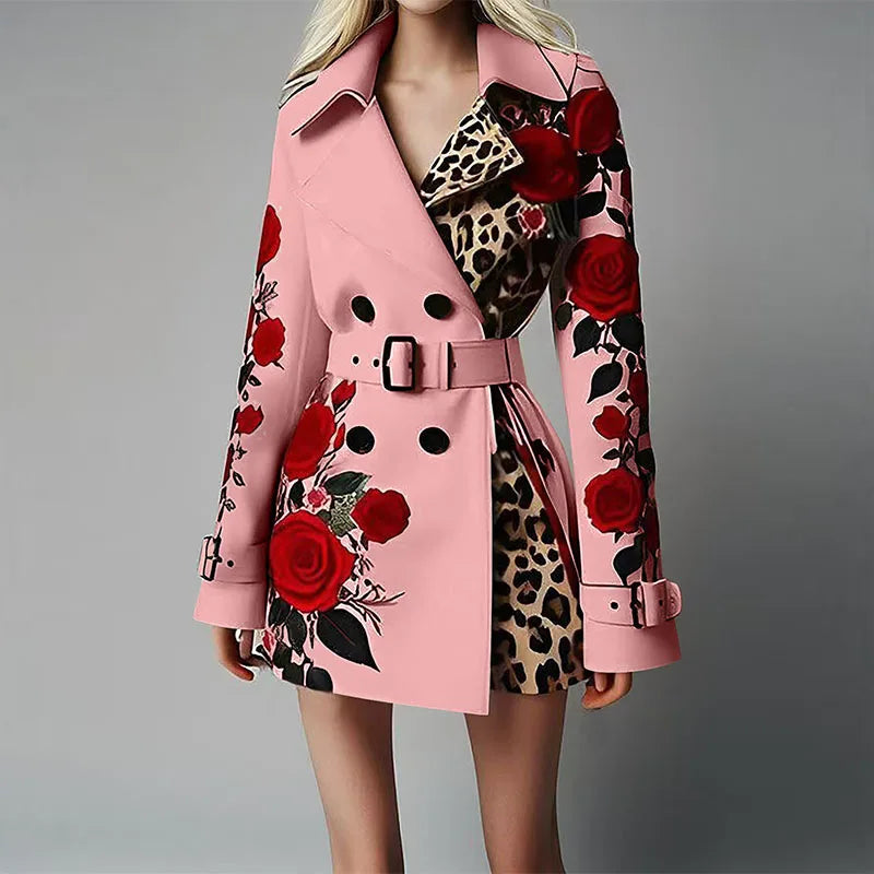 Women Long Sleeve Floral Flower Printed Office Coat Double Button Belt Lapel Collar High Waist Jacket