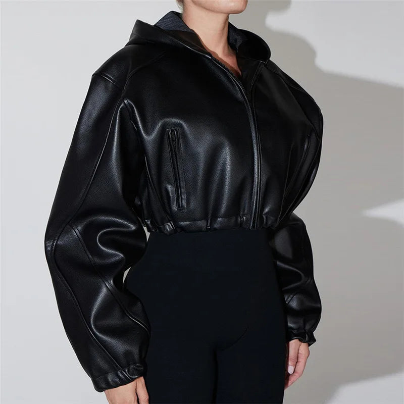 Black Hooded Cool Leather Jacket Spring Autumn Korean Loose-Fit Slim Short Zipper Motorcycle Jacket