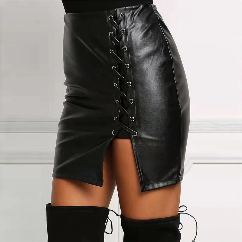 Sexy Girls Above Knee Black PU Leather Mini Skirts Spring Women High Waist Bodycon Front Split Elegant Short Skirt