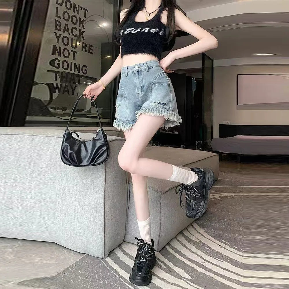 Women's High Waist Fringe Denim Shorts A-line Loose Casual Summer Hot Pants