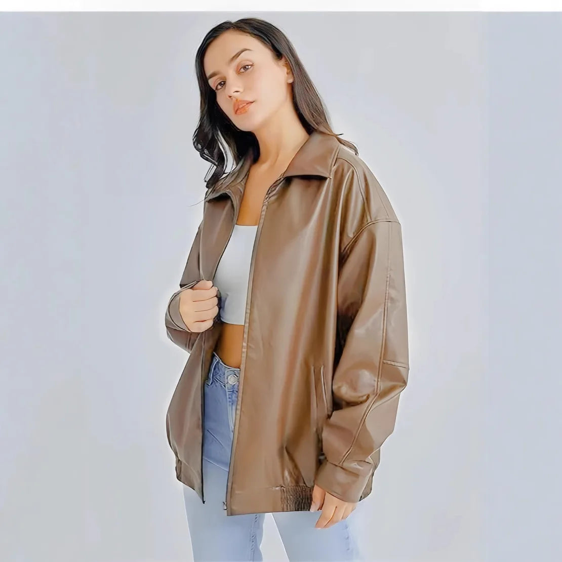 Vintage Brown Motorcycle Leather Jacket Women's Autumn New Style Korean Version Top Wholesale Artificial Leather  Coat Loose Fit