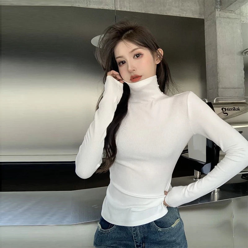 Spring Autumn Turtleneck T-shirt Women All-Match Top Shirt Soft Comfortable Inner Top Casual Long Sleeve T-shirt Office Wear