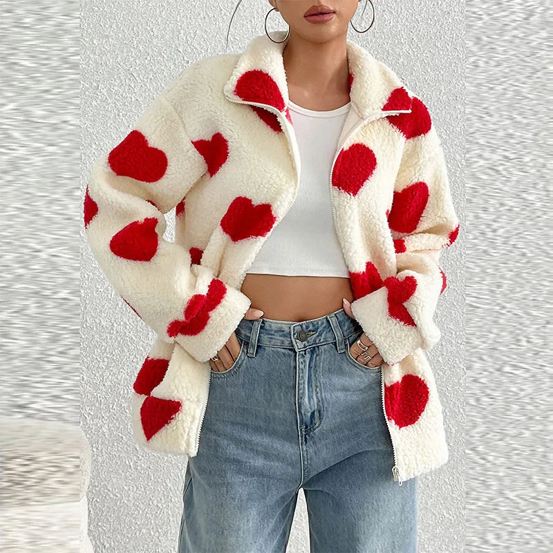 Women's Autumn/Winter New Plush Love Printed Loose Long Sleeve Zipper cardigan Coat