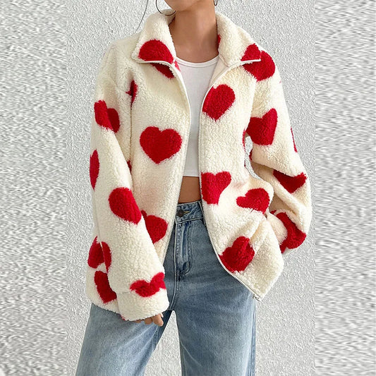 Women's Autumn/Winter New Plush Love Printed Loose Long Sleeve Zipper cardigan Coat