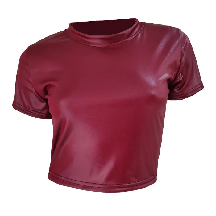 Women Faux Leather T-Shirt Crop Tops Short Sleeve Sexy Punk Midriff Tee Clubwear Women Shirt Women Crop Top