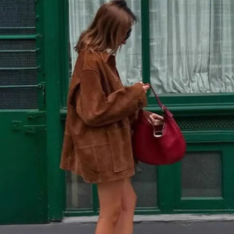 French collar long sleeved casual loose women's autumn new item 2025 short style suede texture effect jacket