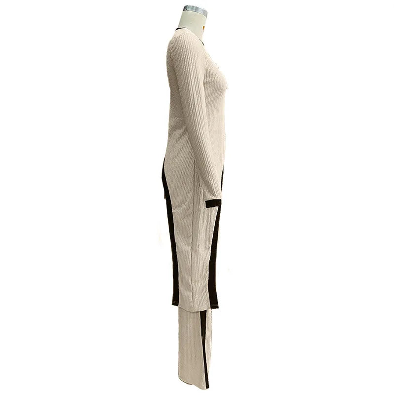 Fashionable long-sleeved contrasting color side slit T-shirt + spliced trousers suit