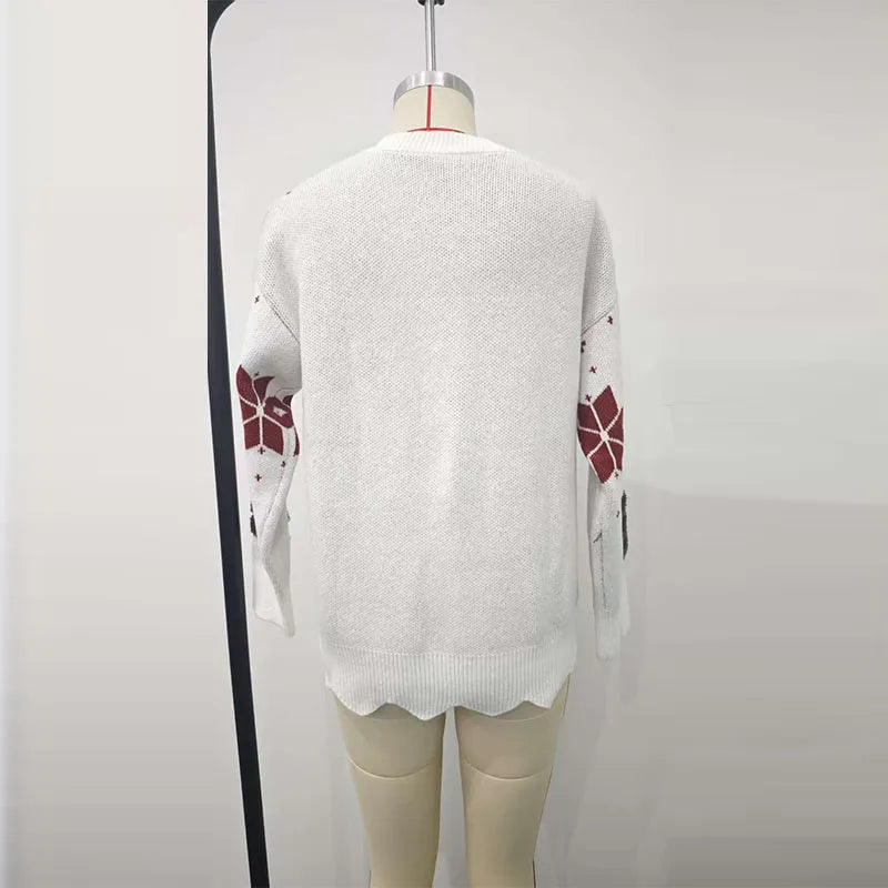 Clothing Autumn and Winter New Snowflake Christmas Tree Print Holiday Loose Casual Knitted Sweater for Women