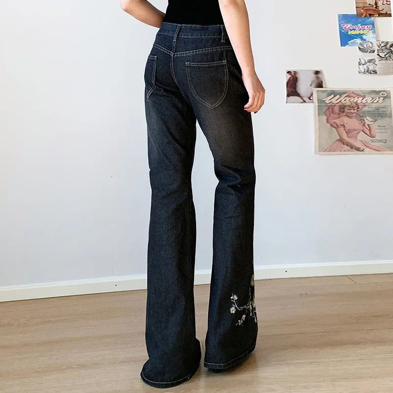 Weekeep Floral Embroidery Jeans Vintage 2000s Low Rise Flared Jeans Women Retro Baggy Denim Pants High Street Basic Trousers