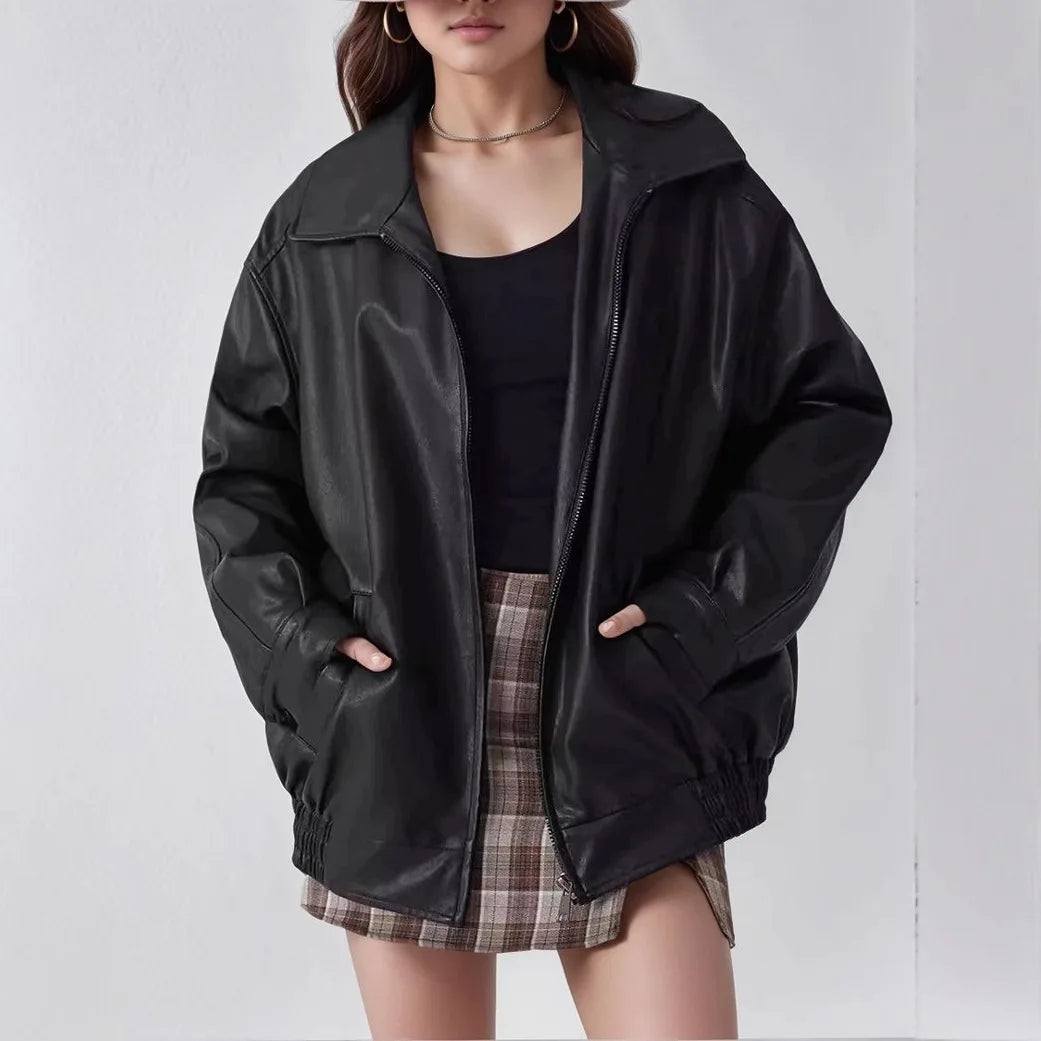 Vintage Brown Motorcycle Leather Jacket Women's Autumn New Style Korean Version Top Wholesale Artificial Leather  Coat Loose Fit