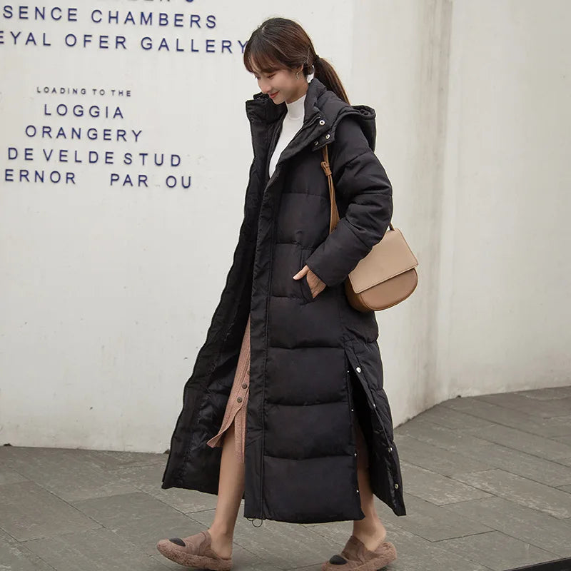 Winter Long Sleeve Hooded Down Long Coat Korean Women Pocket Solid Loose Jacket Lady Casual Thick Warm Outwear