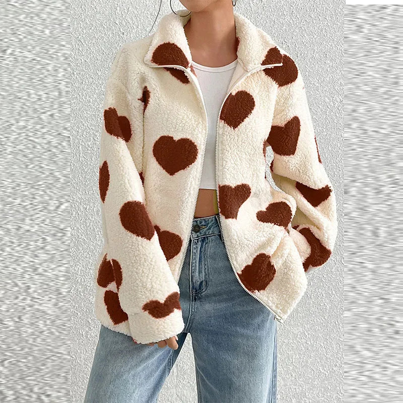 Women's Autumn/Winter New Plush Love Printed Loose Long Sleeve Zipper cardigan Coat
