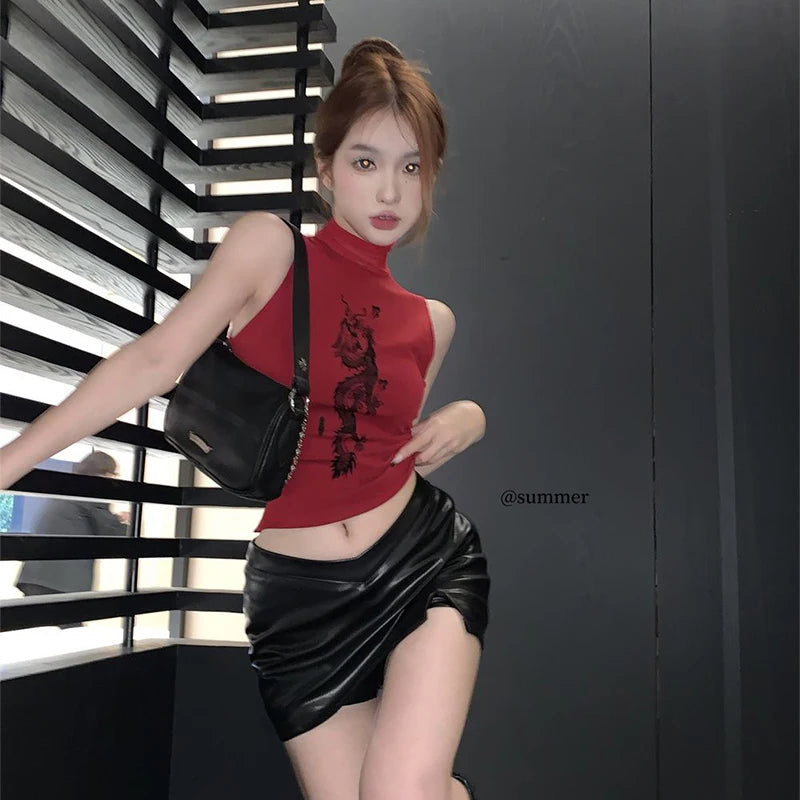 New Spicy Girls Y2k Tops Oversleeve Sexy Turtleneck Tank Top for Women's Slim Fit Short tshirt Skinny Streetwear Crop Top