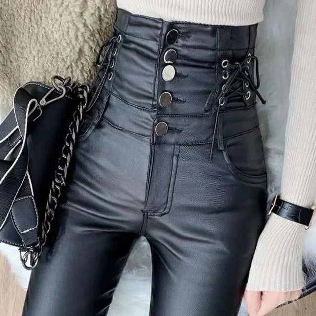 Sexy y2k streetwear black leather pants women goth clothes high waist fashion casual pants vintage lace up PU trousers hot