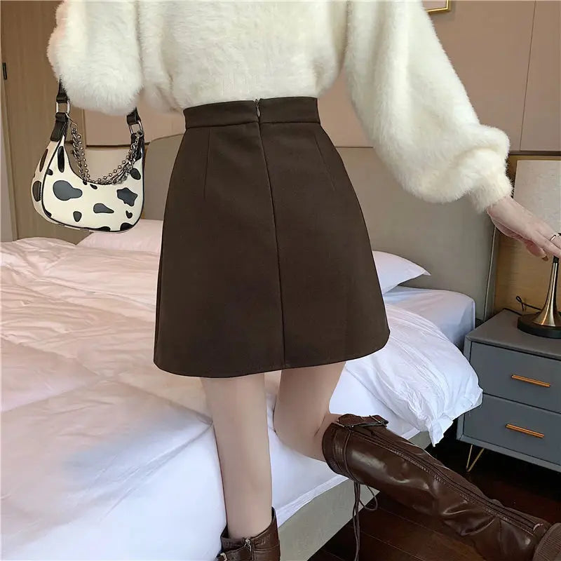 Black Artificial Wool Pleated Skirts Women Fall Winter High Waist Korean All-Match A Line Skirt Y2K Ladies Streetwear Mini Skirt