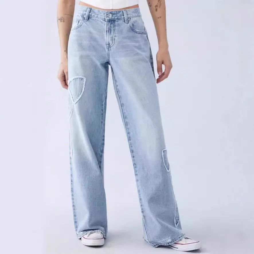 Embroidered side frayed butterfly jeans for women loose straight-leg pants for spring and autumn best-selling item