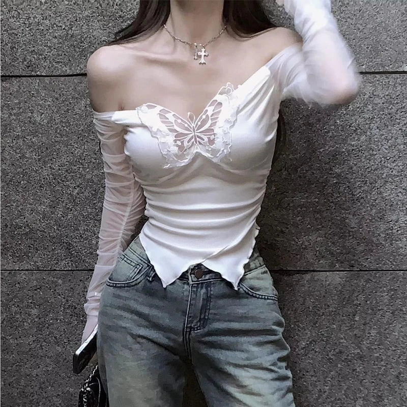 Women Sexy Butterfly Hollow Mesh Splicing Long Sleeve T-shirt Hottie Irregular Slim Crop Top