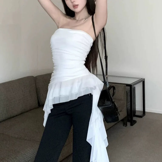 Chic Spring Summer Irregular Ruffled Vest Mesh Sweet Women's Vest Top Elegant Cropped Tube Top Party