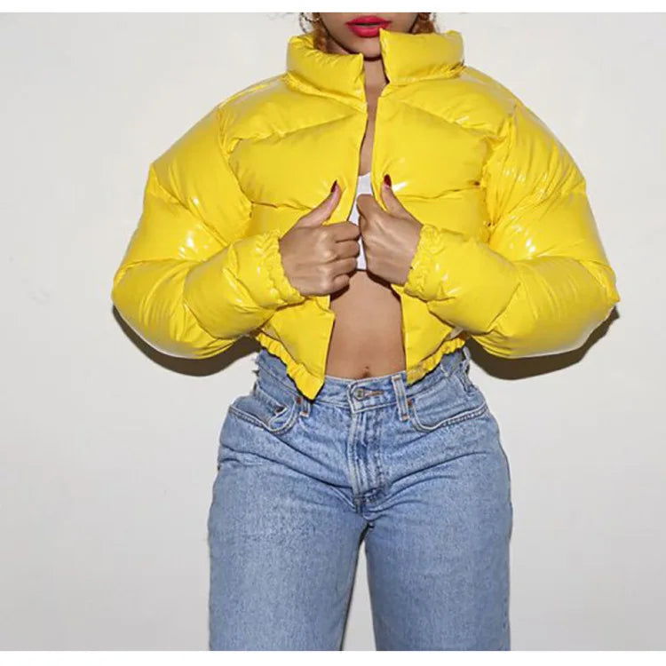 Women Cotton-padded Jacket Jacket Fashion Casual Glossy Long Sleeve Autumn And Winter Stand Collar Short Zipper Sexy Warm Street