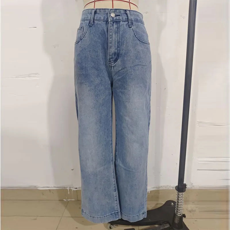 Women Baggy Jeans Streetwear High Waist Wide Leg Denim Pants Retro Elastic Waist Blue Loose Female Trousers