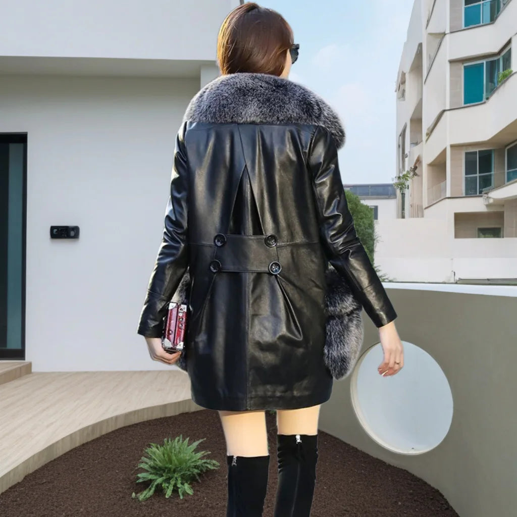 PU Leather Jacket Coat Women's Fur Mid-length Coat Jacket Plus Cotton Velvet Big Fox Fur Collar Leather Coat