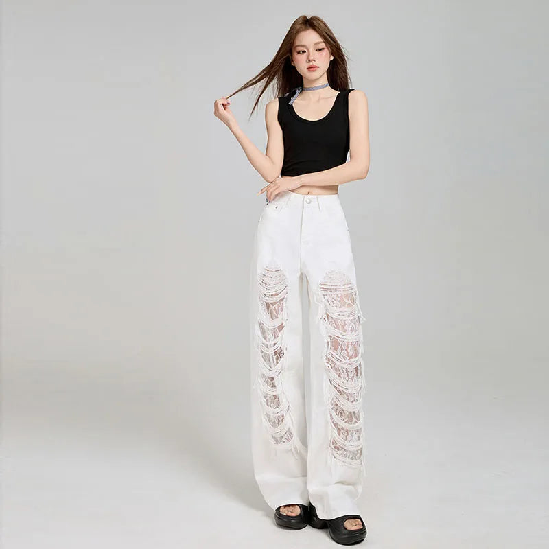 Nicemix American Trendy Lace Patchwork Straight Leg Ripped Jeans for Women Summer White Thin High Waist Loose Casual Pants