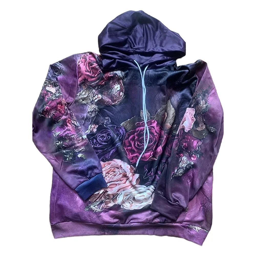 Casual French Flower Hoodie Top Women Autumn Spring Y2K Hoodie Floral Print Hoodie Loose Thin Polo Neck Coat Oversized Top New