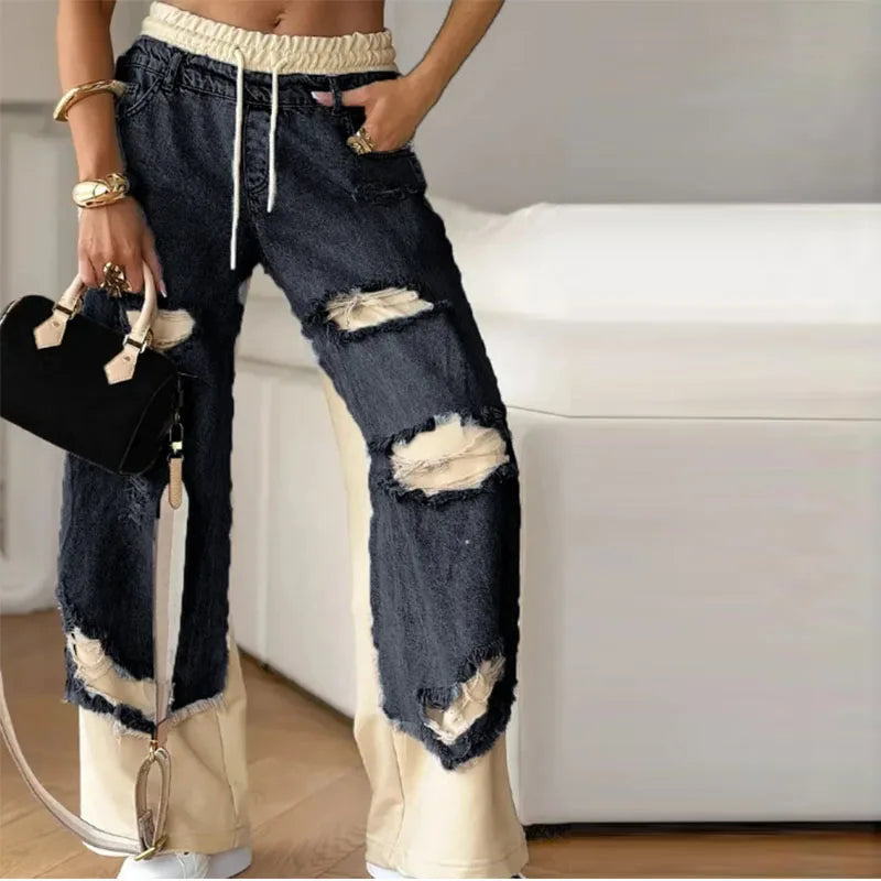 Casual Patchwork Jeans Women Loose Drawstring Low Waist Pockets Zipper Straight Leg Pants Spring Summer Street Lady Trouser