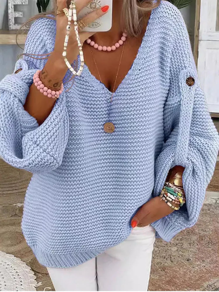 Elegant V-neck Warm Pullover Sweaters Autumn Winter Casual Long Sleeve Button Jumpers Tops Fashion Commuter Loose Women Knitted
