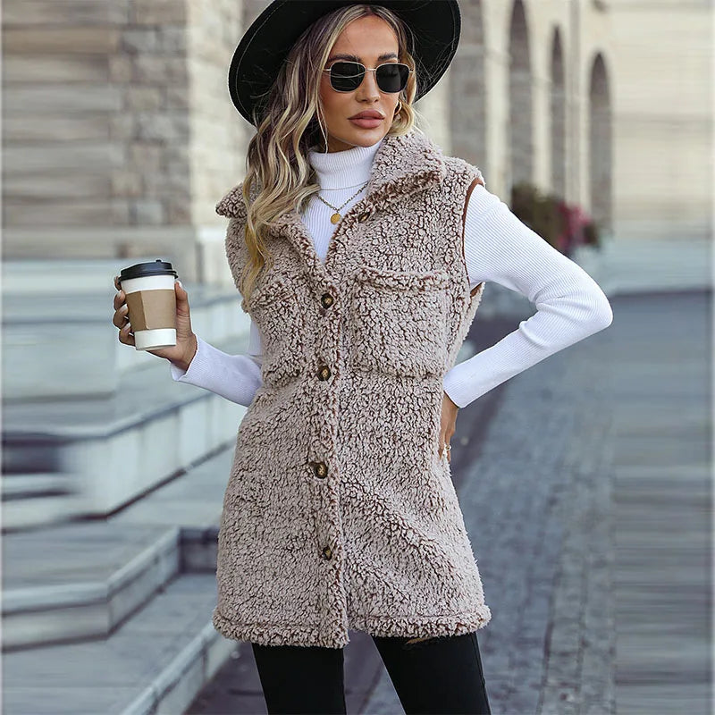 Autumn/Winter New Women's Mid Length Solid Hooded Vest Plush Warm Jacket Coat For Women Clothing