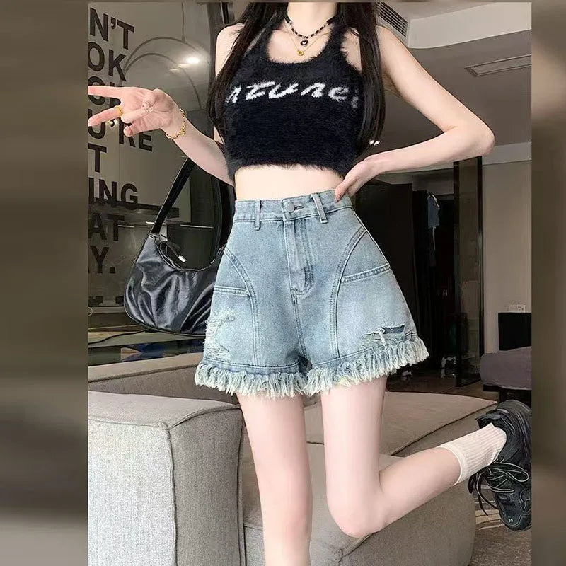 Women's High Waist Fringe Denim Shorts A-line Loose Casual Summer Hot Pants
