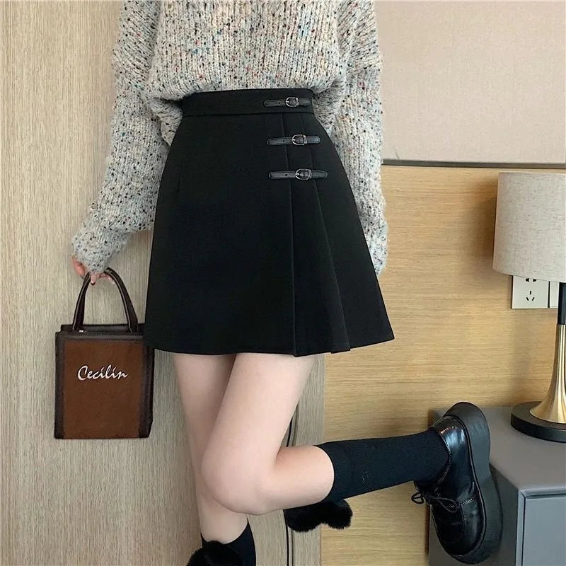 Black Artificial Wool Pleated Skirts Women Fall Winter High Waist Korean All-Match A Line Skirt Y2K Ladies Streetwear Mini Skirt