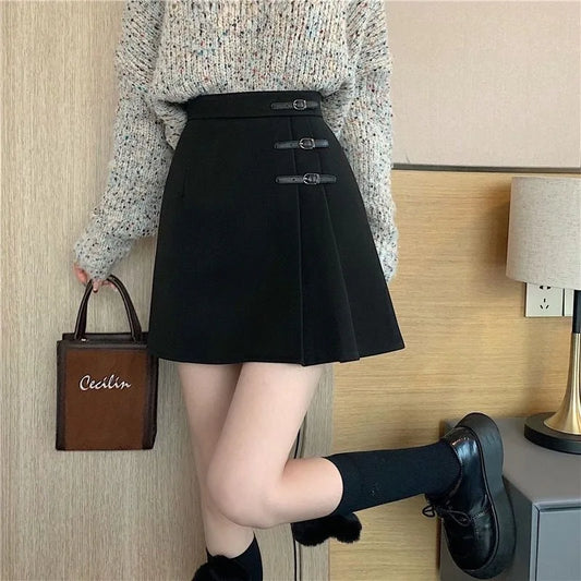 Black Artificial Wool Pleated Skirts Women Fall Winter High Waist Korean All-Match A Line Skirt Y2K Ladies Streetwear Mini Skirt