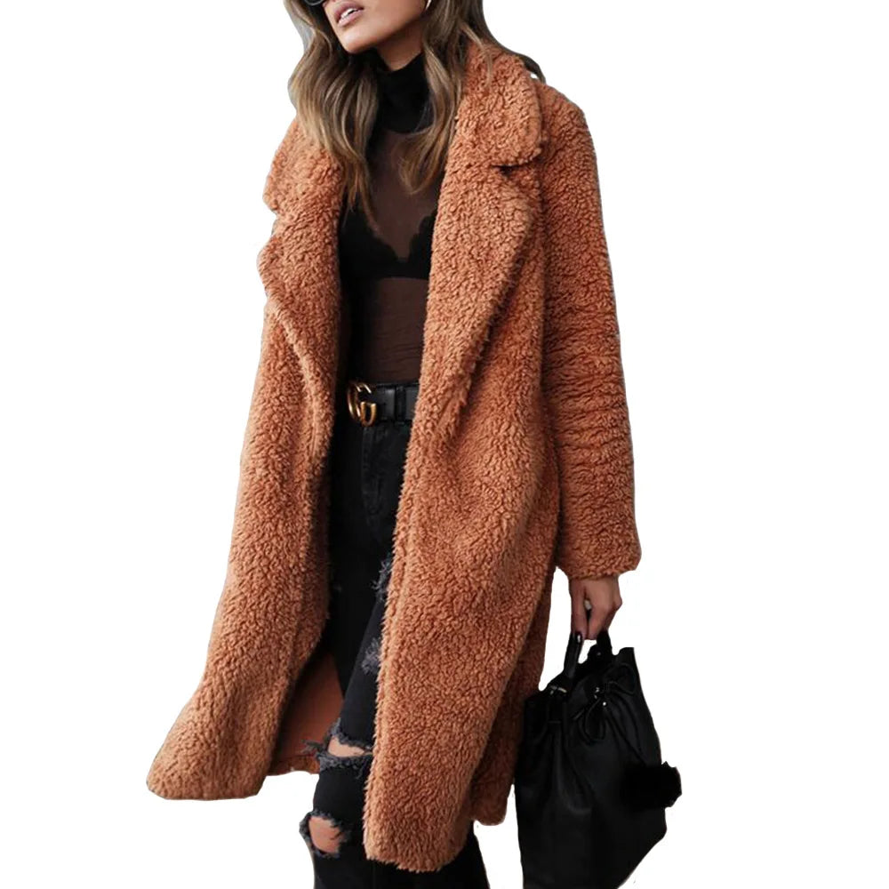 Retro Solid Long Coats Women Elegant Loose Lapel Single Breasted Plush Coat Female Winter Warm Chic Street Overcoats