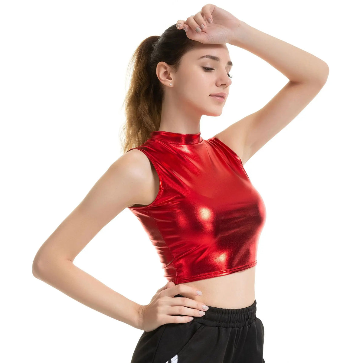 Womens Shiny Metallic Patent Leather Sleeveless Mock Neck Crop Tank Tops Camisole Night Club Party Rave Dance Costume Clubwear