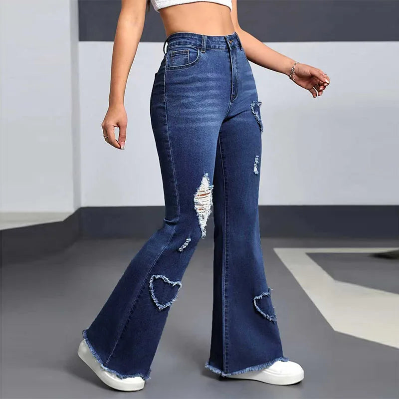 Y2K Blue Stretchy Heart Shaped Flared Jeans High Waist Retro Fashion Trendy Elastic Trousers for Women