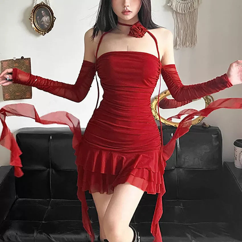 Women's summer solid color sexy design irregular Tassel ruffled hip Lace suspender dress