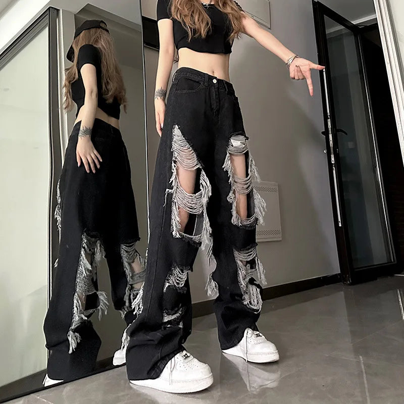 Women Vintage Gothic Black Ripped Jeans High Waist American Retro Streetwear Y2k Pants Harajuku Casual Wide Leg Denim Trousers